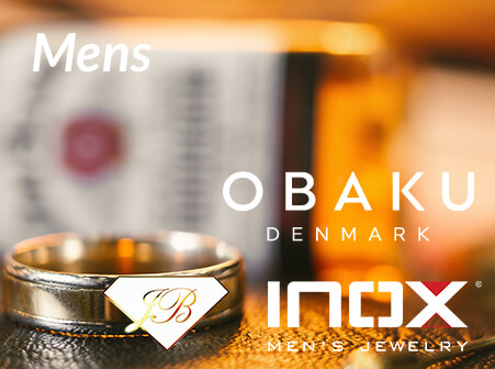 Mens Jewelry - image of blurred mens ring background with logos for Obaku Denmark, Inox and JB