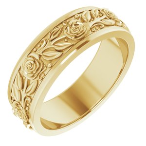 Roses engraved gold wedding band on a white background